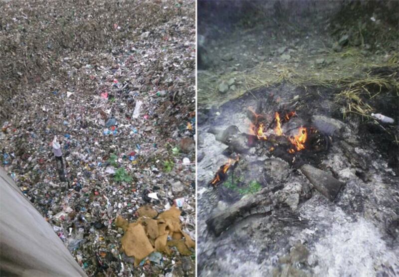 左圖：村民指當局沒有做好垃圾填埋場的處理，胡亂傾倒和排污不當造成污染。右圖：警察把村民過夜的被子和衣物焚燒。（村民攝）