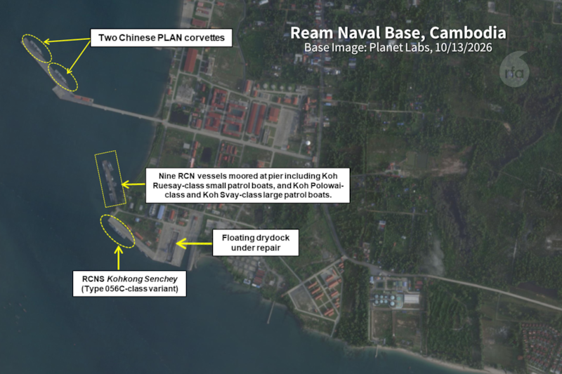 Chinese navy vessels are clearly visible at Ream Naval Base, Cambodia. The Chinese navy appears to have kept a near permanent presence at the base ever since December 2023, after the "Chinese pier" was completed.