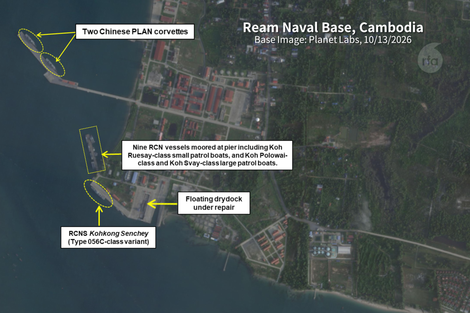 Chinese navy vessels are clearly visible at Ream Naval Base, Cambodia. The Chinese navy appears to have kept a near permanent presence at the base ever since December 2023, after the 