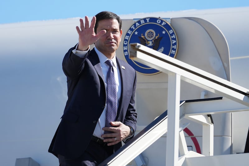 U.S. Secretary of State Marco Rubio boards a plane, Oct. 8, 2026, in Lisbon.