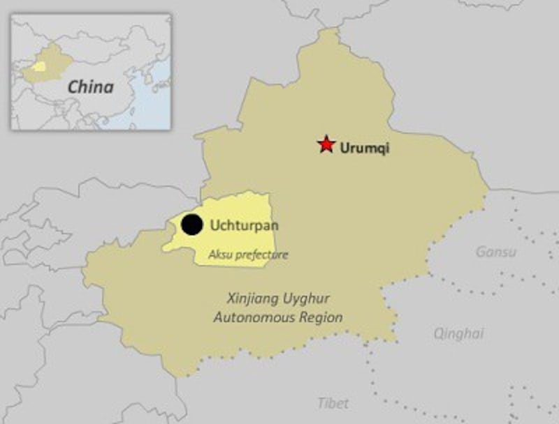 A map of Xinjiang showing Uchturpan in Aksu prefecture. Credit: RFA. 
