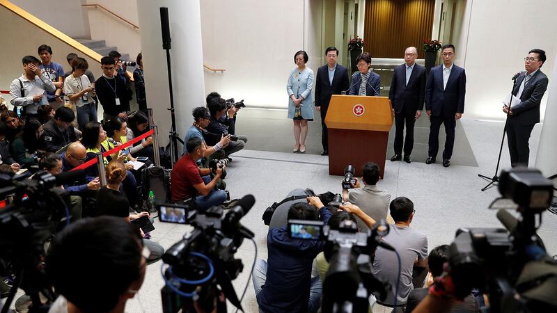 2019年11月11日,香港行政长官林郑月娥举行新闻发布会。(路透社)