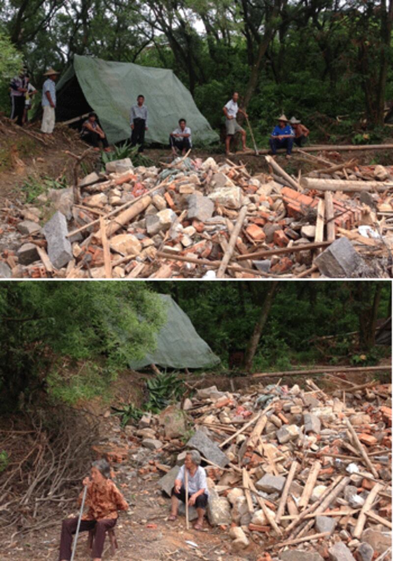 為捍衛家園，村民每天手持棍棒在路邊守住，在被強拆的廢墟旁搭建帳篷繼續生活。(2013年7月拍攝，由村民提供)
