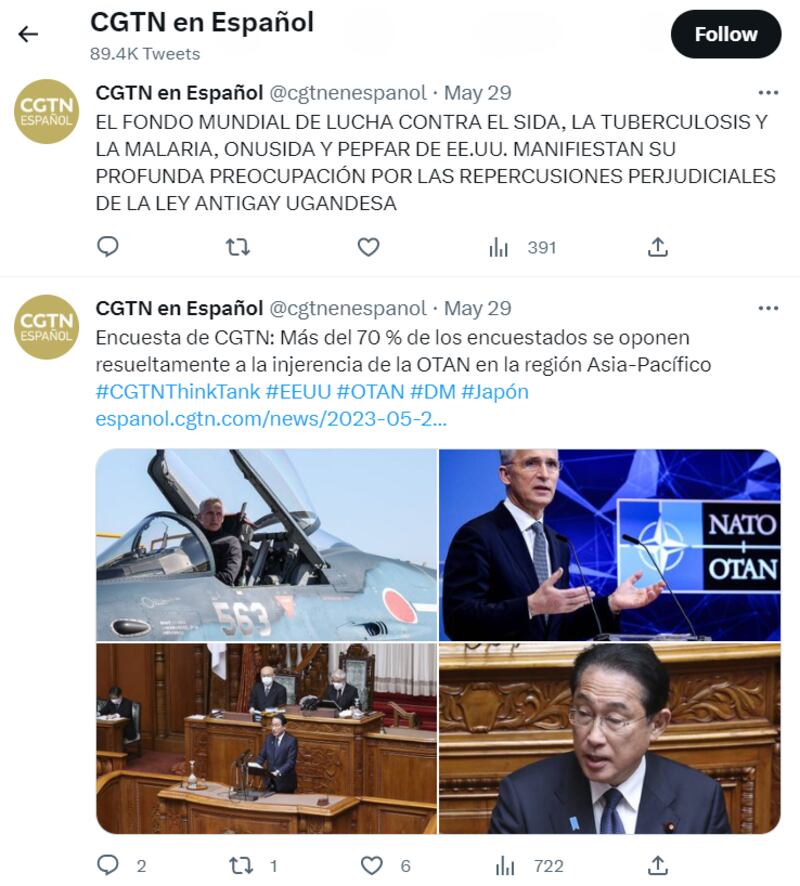 CGTN用西语发布的民调结果 图截取自CGTN西语推特帐号