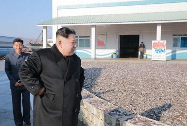 북한 김정은 노동당 위원장이 인민군 '8월25일수산사업소'를 시찰하고 있다.