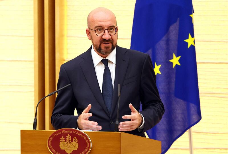 欧洲理事会主席米歇尔(Charles Michel)2022年5月12日表示，“我们在乌克兰的合作对欧洲至关重要，但对印太地区也很重要，我们希望就中国日益专断的问题深化磋商”。（美联社）