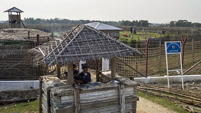 Myanmar border police secure a police outpost near a refugee processing camp for Rohingya Muslims near the border with Bangladesh in Maungdaw township, western Myanmar's Rakhine state, April 24, 2018. 