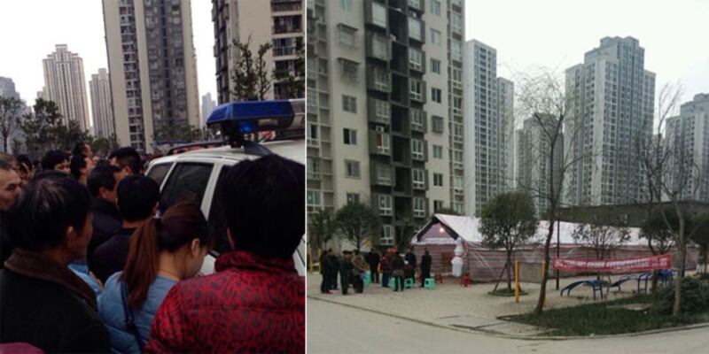 重慶市一個小區發生電梯事故，導致一名居民死亡。居民阻止警察強行移走屍體，並在小區設靈悼念死者。（居民攝）