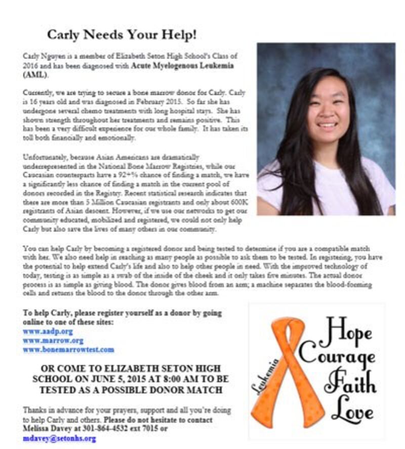 Bích chương kêu gọi hiến tủy giúp Carly Nguyen