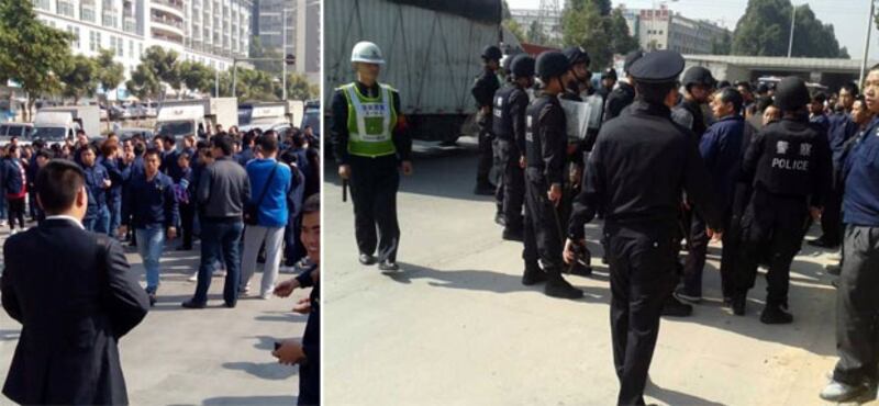 1月11日,寶安區”觀瀾鬥井製品廠”工人維權堵路,政府派出防暴警察將工人趕回路上,過程中有工人反抗被打傷。(工人攝)