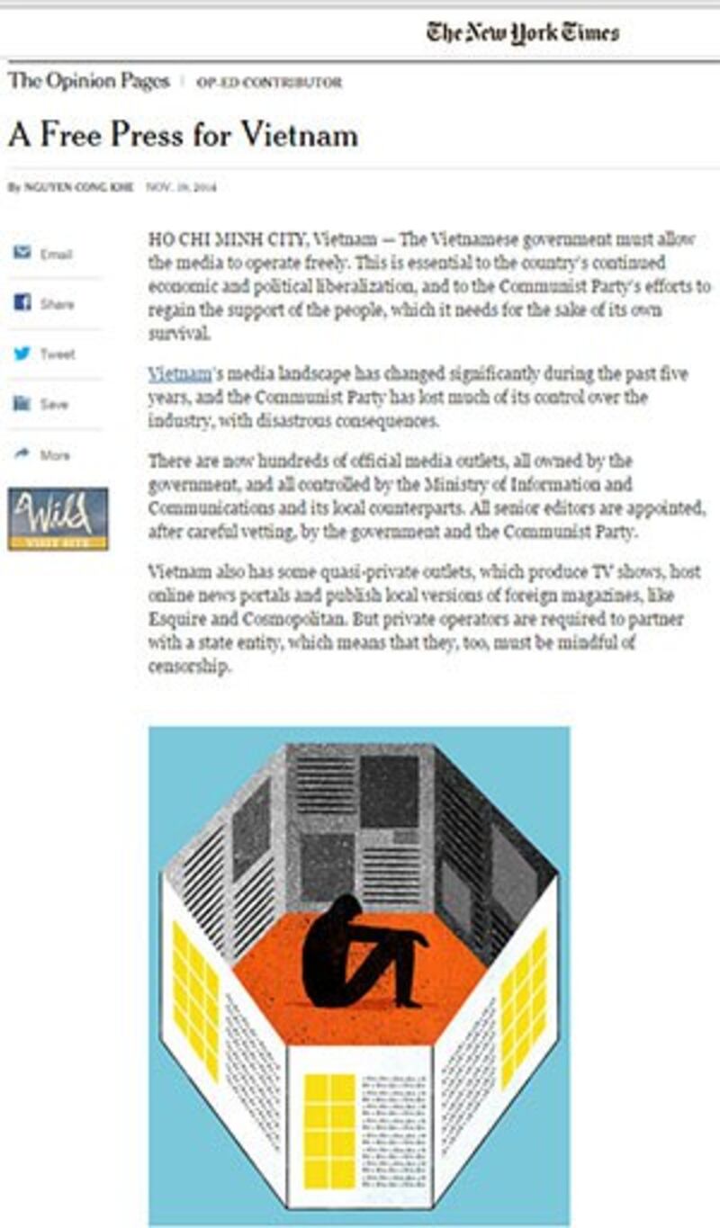 Bài viết của ông Nguyễn Công Khế trên báo New York Times số đề ngày 19/11/2014.