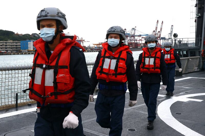 Navy soldiers prepare to depart on a Tuo Chiang-class corvette during a drill in Keelung, Taiwan, Jan. 7, 2022. Credit: Reuters