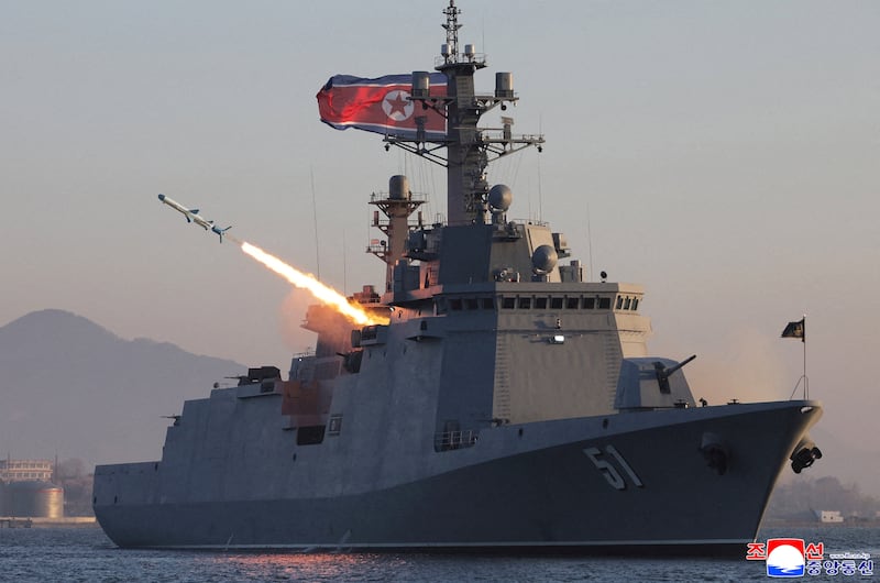A missile is fired during a test of the North Korean destroyer Choe Hyon, April 12, 2026.