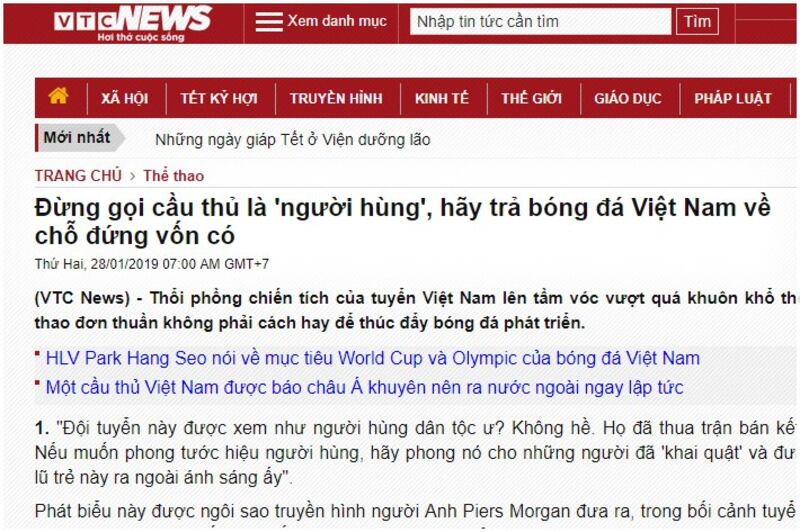 Bài viết "Đừng gọi cầu thủ là 'người hùng', hãy trả bóng đá Việt Nam về chỗ đứng vốn có" của VTC News.