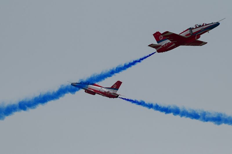 Chinese JL-8 planes perform maneuvers in southern China's Guangdong province Sept. 28, 2021.