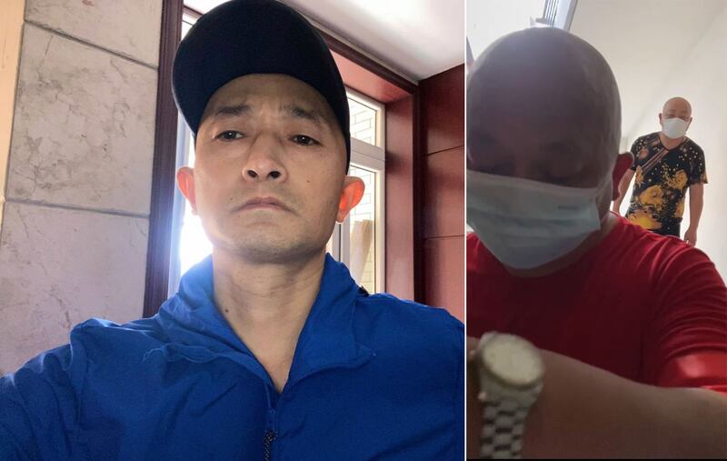 新冠肺炎亡者家屬張海被軟禁。張海指，他推開家門時，發現多名居委會人員堵住家門，不准其外出。（志願者提供）