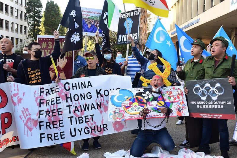 Activists protest against the 2022 Beijing Winter Olympics outside the Consulate of China in Los Angeles, CA, Feb. 3, 2022. Activists protested against the human rights abuses of the Chinese Communist Party and called for a boycott of the 2022 Winter Olympics. Credit: AFP