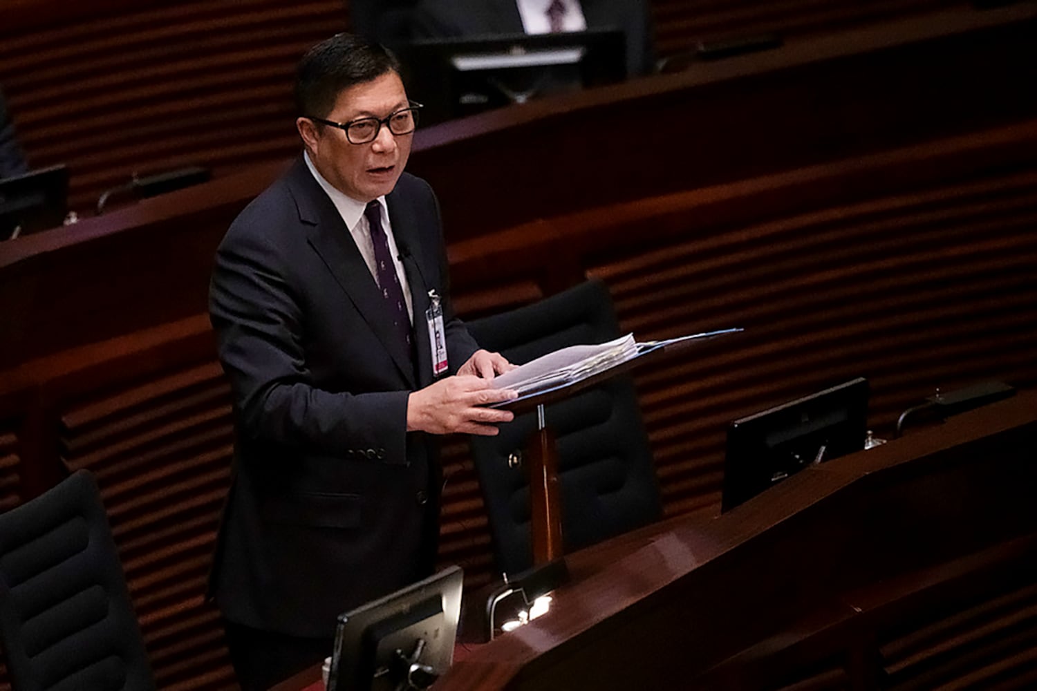 Hong Kong Secretary for Security Chris Tang speaks during the second reading of the Basic Law Article 23 legislation in Hong Kong, March 19, 2024.