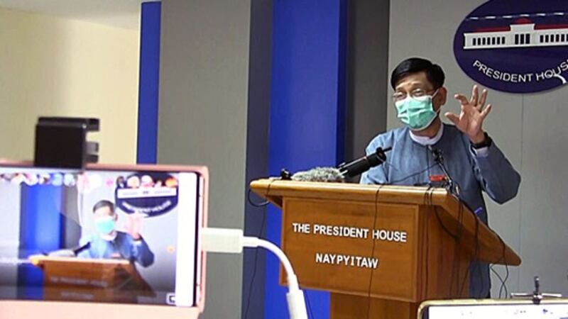Myanmar government spokesman Zaw Htay speaks to reporters during a press conference in Naypyidaw, Sept. 4, 2020.