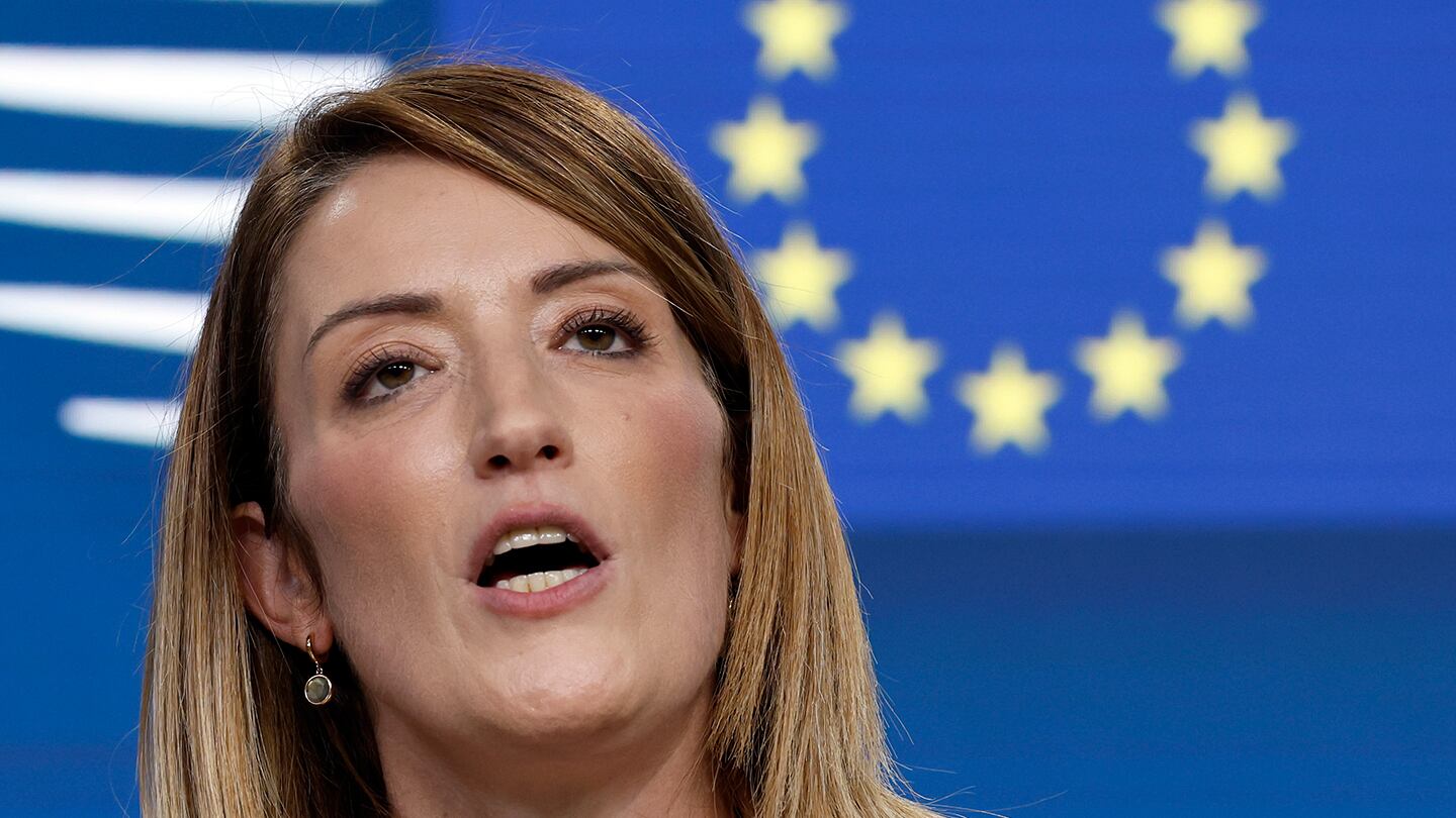 European Parliament President Roberta Metsola attends a press conference at the EU summit in Brussels, Oct. 17, 2024.