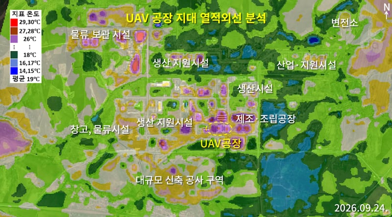 열적외선 자료 분석 결과, 중앙의 UAV(무인항공기: Unmanned Aerial Vehicle) 공장과 제조·조립공장 및 주요 물류·지원 시설 일대에서 높은 열 방출(보라색~붉은색)이 감지됐다. 이는 단지 내 주요 생산 인프라가 활발히 가동 중임을 나타낸다.