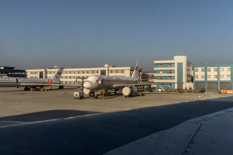 A Tupolev Tu-204 aircraft undergoes maintenance at Sunan Pyongyang International Airport, Feb. 14, 2017.