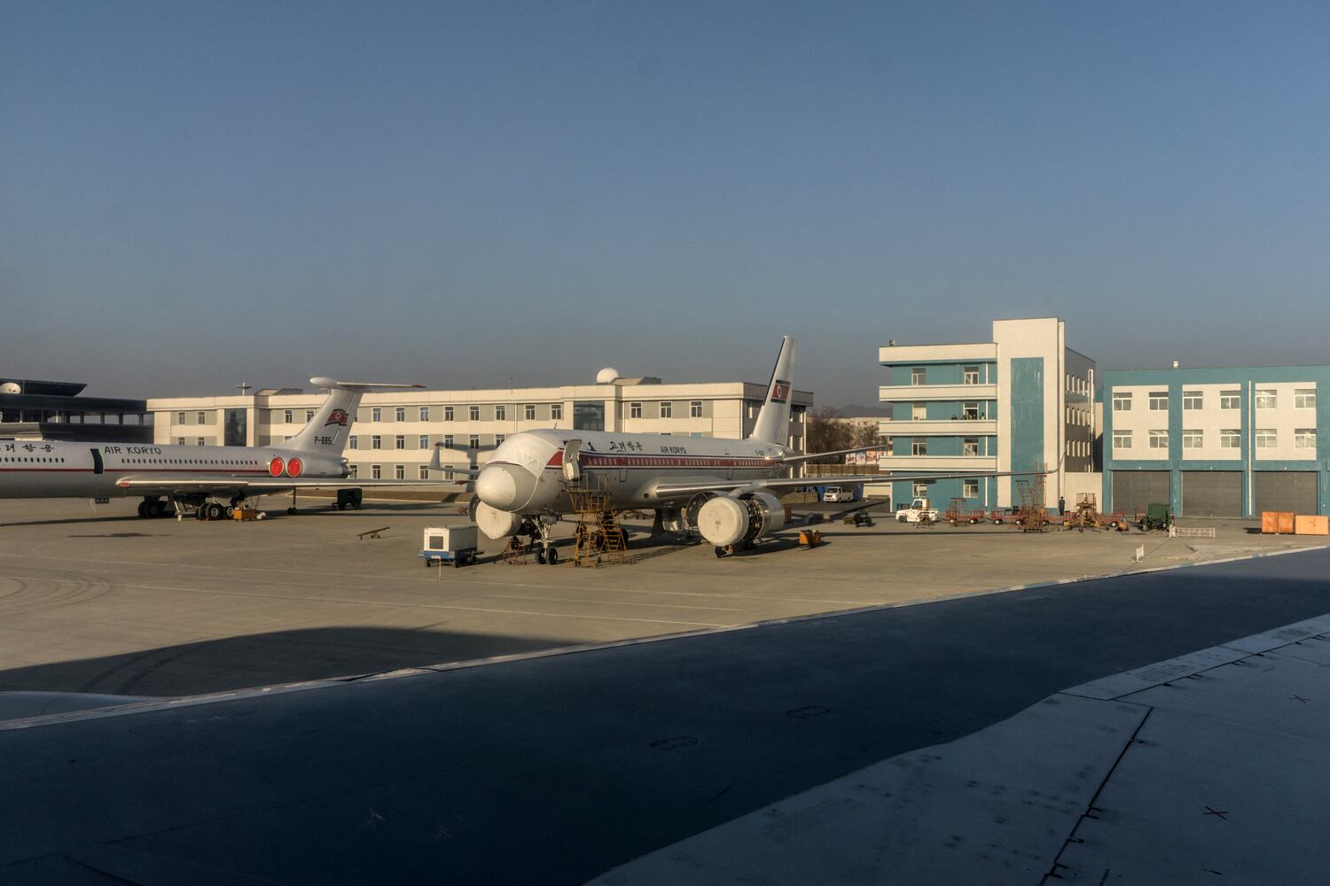 This photo taken on Feb. 14, 2017 shows a Tupolev Tu-204 aircraft undergoing maintenance at Sunan Pyongyang International Airport.
