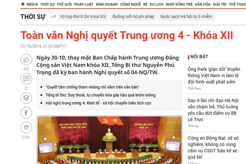 Ảnh chụp màn hình báo Tuổi Trẻ có nội dung Nghị quyết Trung ương 4 - Khóa 12