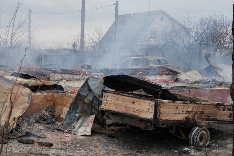 The debris of a privet house in the aftermath of Russian shelling outside Kyiv, Ukraine, Feb. 24, 2022. AP Photo