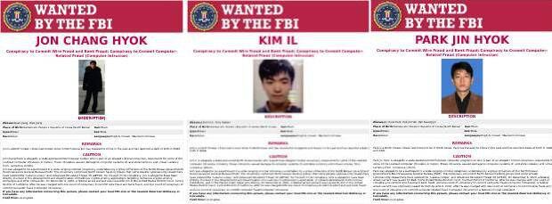 미국 연방수사국(FBI)은 17일 북한의 정보기관인 정찰총국 소속 전창혁(31), 김일(27), 박진혁(36) 얼굴이 담긴 공개수배 전단지를 공개했다.