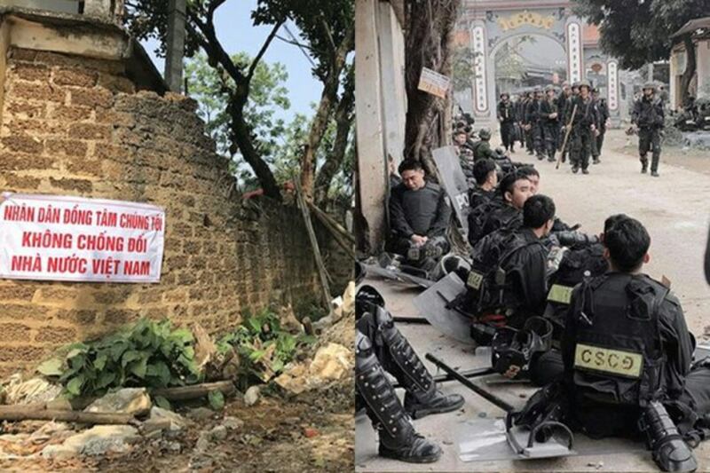 Hình minh hoạ. Đường vào xã Đồng Tâm bị chặn hồi tháng 4/2017 (hình trái). Cảnh sát cơ động ở Đông Tâm vào tháng 1/2020 (phải)