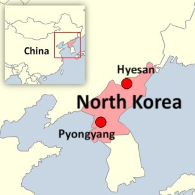 The map shows the location of the city of Hyesan in Yanggang province, North Korea.