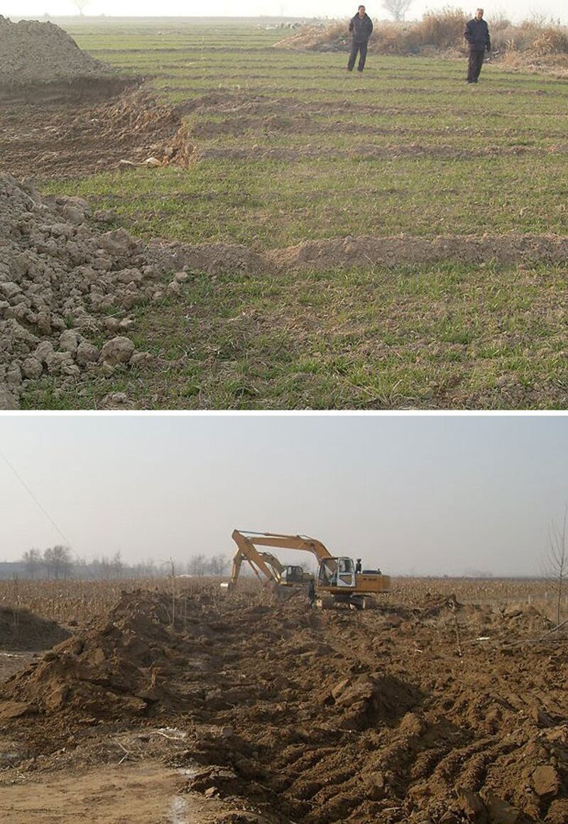 西喬莊村已有近二十畝農田被破壞。1月3日，觀寨鄉政府動用過百人員，到西喬莊村強行施工，被村民制止。下圖為村民扣起的其中一部挖掘機。（現場人士拍攝）