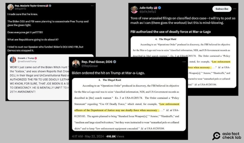 美共和党议员及政治评论员称"FBI和拜登计划在海湖庄园暗杀特朗普"(X平台截图)