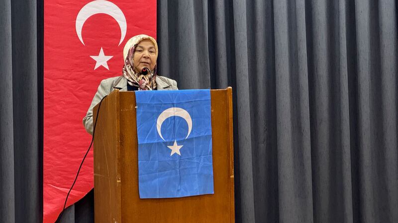 ئاسارەتتىكى تۈرك يۇرتى شەرقىي تۈركىستان دېگەن تېمىدا ئېچىلغان يىغىندا ئۇيغۇر شائىرە نۇرئەلا كۆكتۈرك خانىم شېئىر ئوقۇماقتا. 2024-يىلى 12-ماي، ئىستانبۇل.