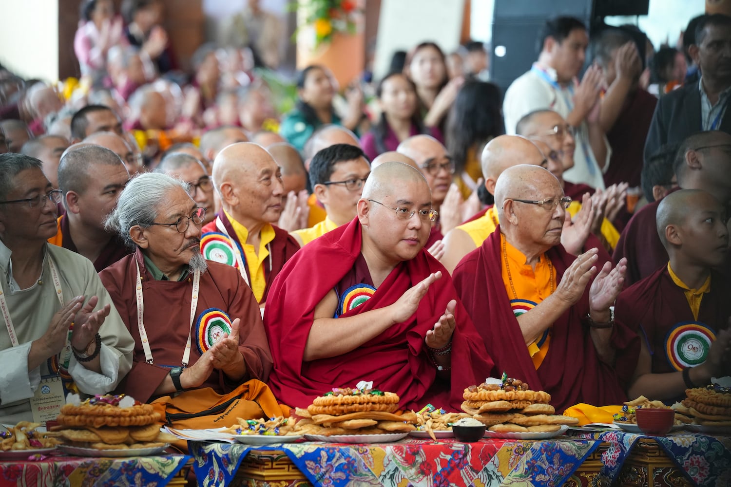 Tibetan religious leaders applaud during celebrations on the 90th birthday of the Dalai Lama at the Main Temple in Dharamsala, India, July 6, 2025.