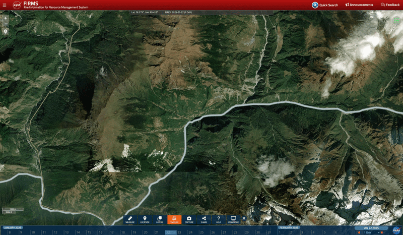 Areas affected by the forest fire in Kyirong county, Tibet, are shown between Jan. 23 and Feb. 26, 2025, in this animation using imagery from NASA’s Fire Information for Resource Management System (FIRMS).