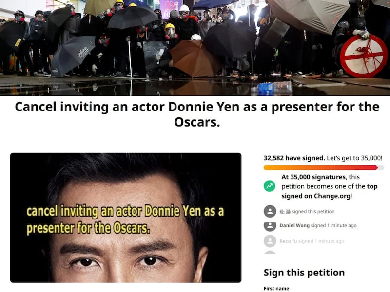 甄子丹早前接受英國《GQ Hype》周刊專訪指「反送中不是示威,是暴動」,港人批評他的言論涉侵害人權,聯署促取消奧斯卡頒獎嘉賓,至周一(6日)傍晚,已有逾3萬人響應聯署。(粵語組製圖)