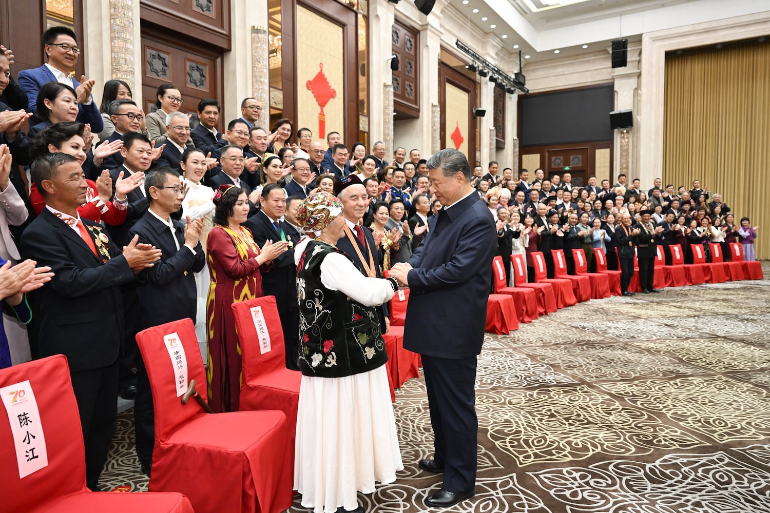 In this Chinese government image that could not be independently verified, Chinese President Xi Jinping, meets with representatives from ethnic groups in Urumqi, Xinjiang Uyghur Autonomous Region, Sept. 23, 2025. (Xie Huanchi/Xinhua via Getty Images)