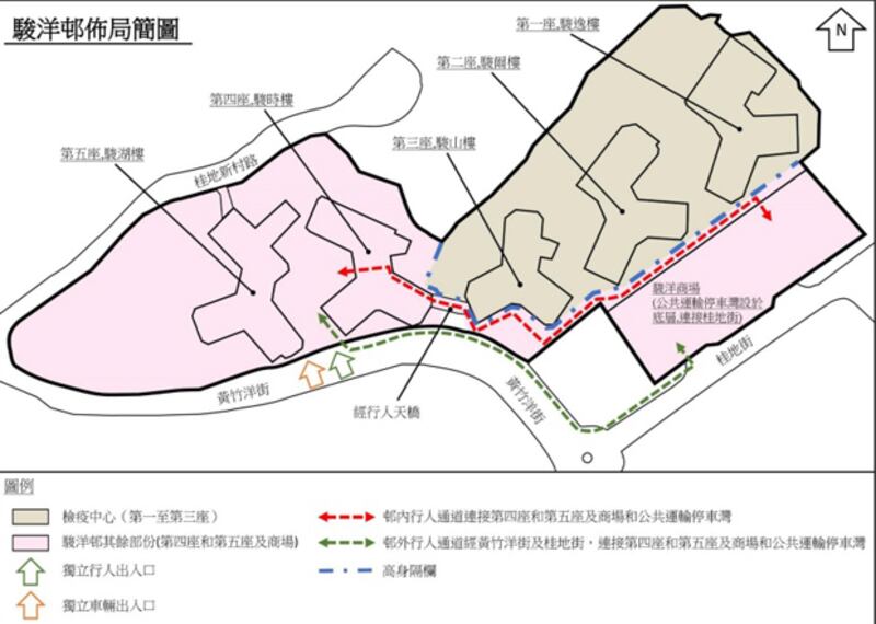 港府聲稱居民可經獨立通道出入駿洋邨；房屋署亦會以「高身隔欄」將檢疫中心與民居分隔。（房屋署圖片） 