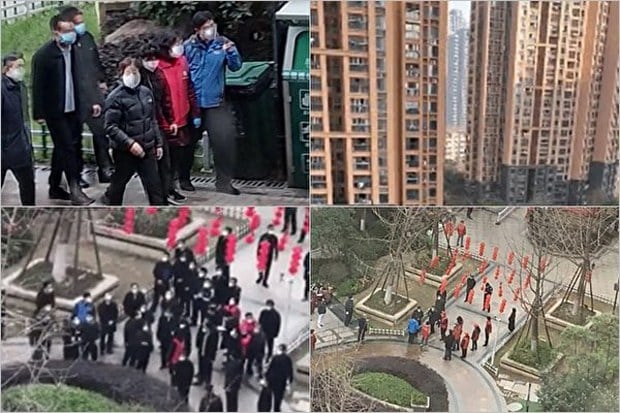 2020年3月5日,中國副總理孫春蘭視察武漢市青山區中建開元公館小區,各棟樓內業主們便大聲高喊︰「假的,假的,都是假的。」(武漢市民提供視頻截圖))