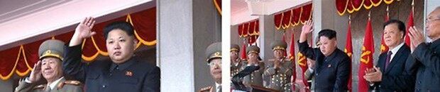지난 6일 북한 핵실험 후 북한의 TV 기록영화에서 류윈산 중국 공산당 정치국 상무위원의 모습이 사라졌다. 류윈산 상무위원이 지난해 10월10일 북한 노동당 창건 70주년 기념 열병식 행사에 참석해 김정은 국방위원회 제1위원장의 왼편에서 손뼉을 치고 있는 모습이 북한 조선중앙TV에 방송됐다.(오른쪽) 그러나 조선중앙TV가 9일 오후 6시 30분(평양시간)에 내보낸 기록영화 '혁명적 대경사의 해 2015년' 중 열병식 행사 내용에는 류윈산 상무위원의 모습이 전혀 보이지 않았다.(왼쪽)   