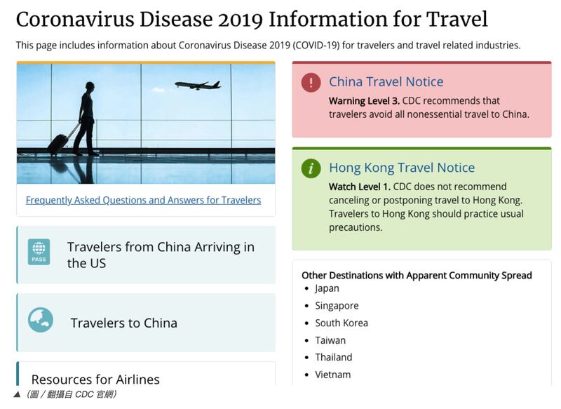 美国CDC将台湾和日、韩、星并列“社区传播”。(美国CDC官网)