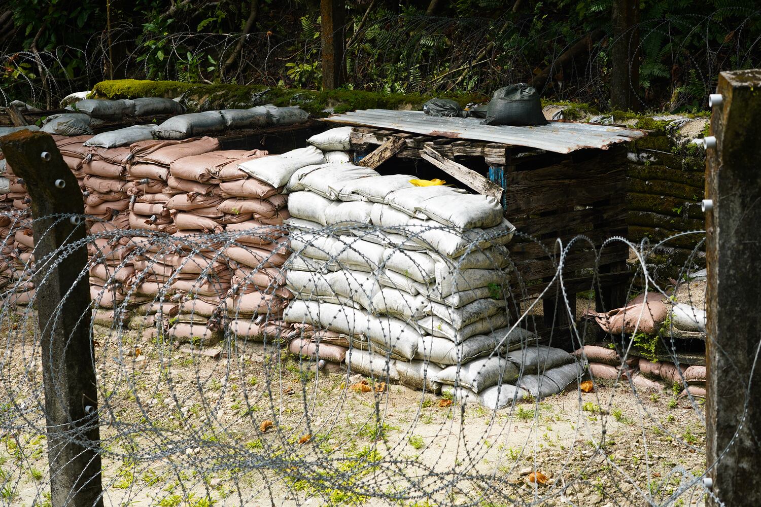 A Norwegian People’s Aid makeshift storage depot for unexploded ordnance is made up of sandbags, rotting wooden pallets and barbed wire in Peleliu, Palau, Nov. 26, 2024. 