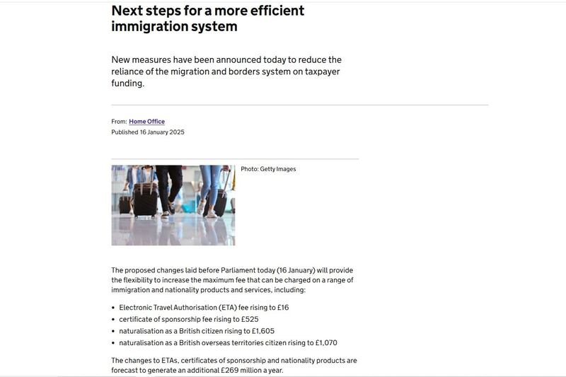 英國內政部向國會指，加價是用以支付移民及邊境系統開支。（英國政府網頁截圖）