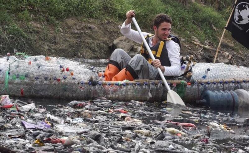 Frenchman Gary Bencheghib paddles the Citarum River in West Java, Indonesia, in a kayak made from discarded plastic bottles, in this undated handout photo provided by the Ramon Magsaysay Award Foundation, Aug. 31, 2022. Credit: Handout