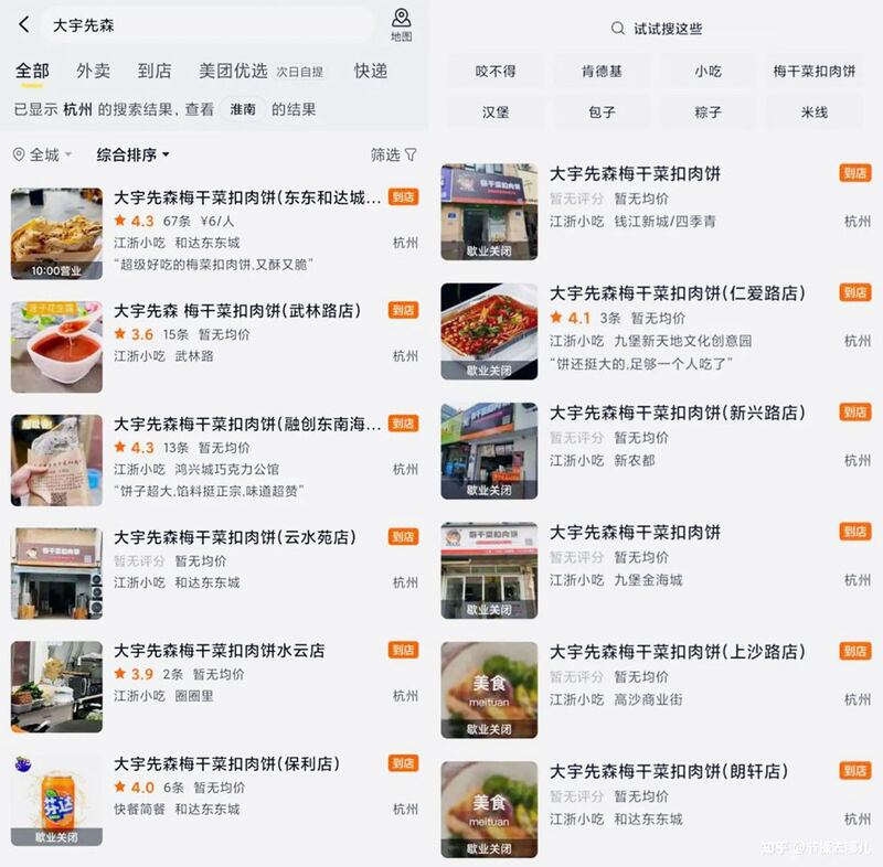 民在美团平台搜索杭州“大宇先森”发现，全市12家门店，其中7家已经关门，第一个店铺就是他宣传的首店。（知乎平台/记者乾朗提供）