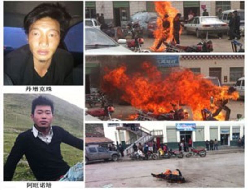 图片:6月20日在青海省玉树州称多县扎朵镇自焚的丹增克珠和阿旺诺培及自焚现场(消息人士提供/记者丹珍)