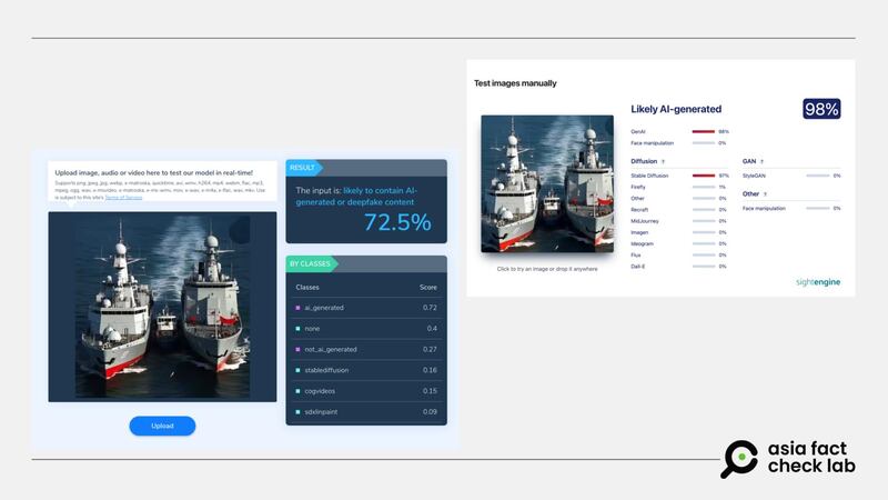 网传照片经AI检测工具“hive moderation”以及“sightengine”检验,皆有高几率为AI生成。