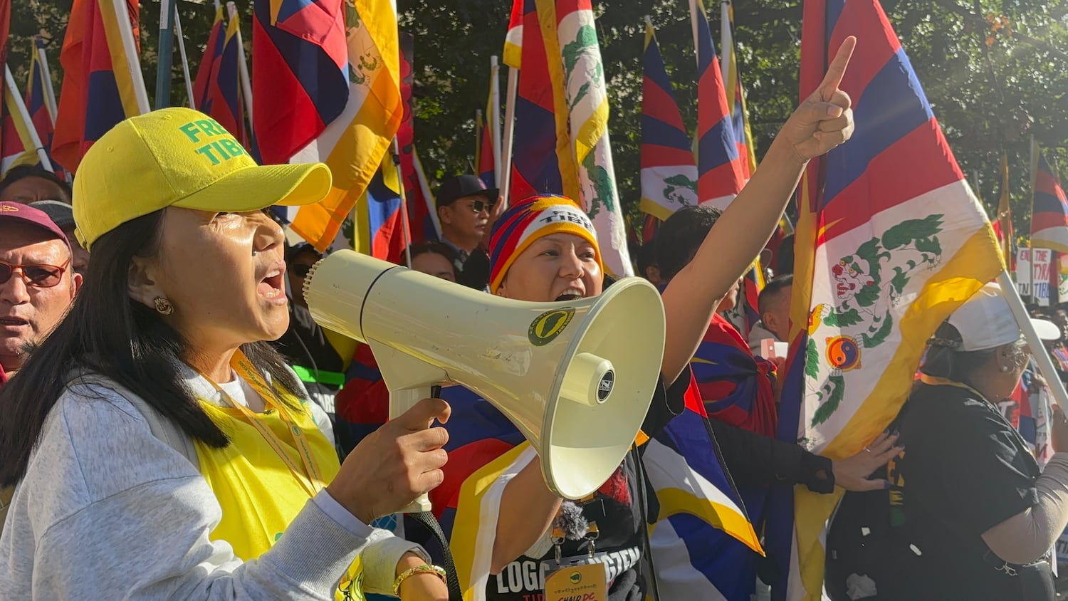 Tibetan protesters shout near the Chinese Embassy in Washington as they protest Chinese President Xi Jinping's meeting with U.S. President Trump at the White House, Sept. 24, 2026.